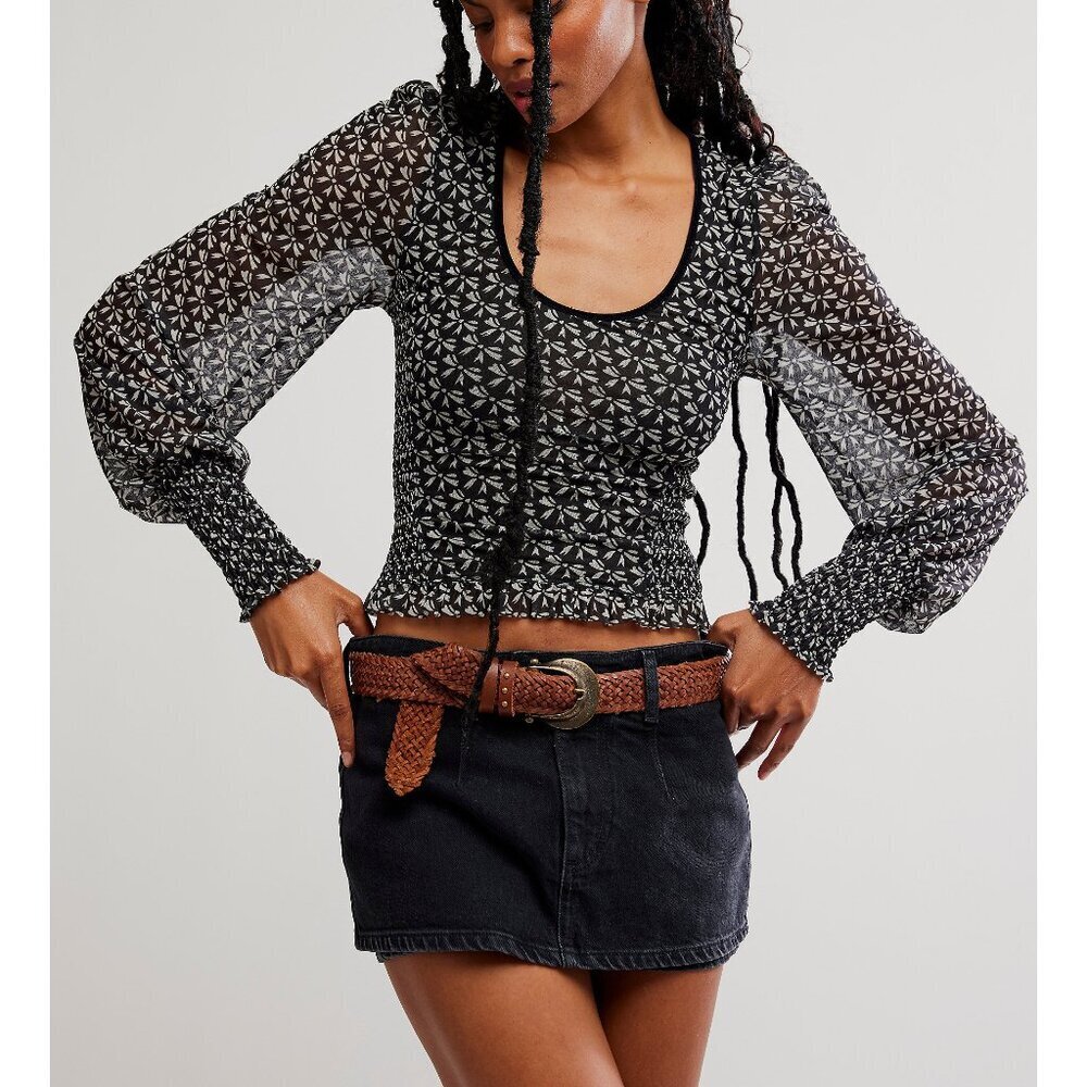 Free People Dottie Black Floral Smocked Long-Sleeve Top